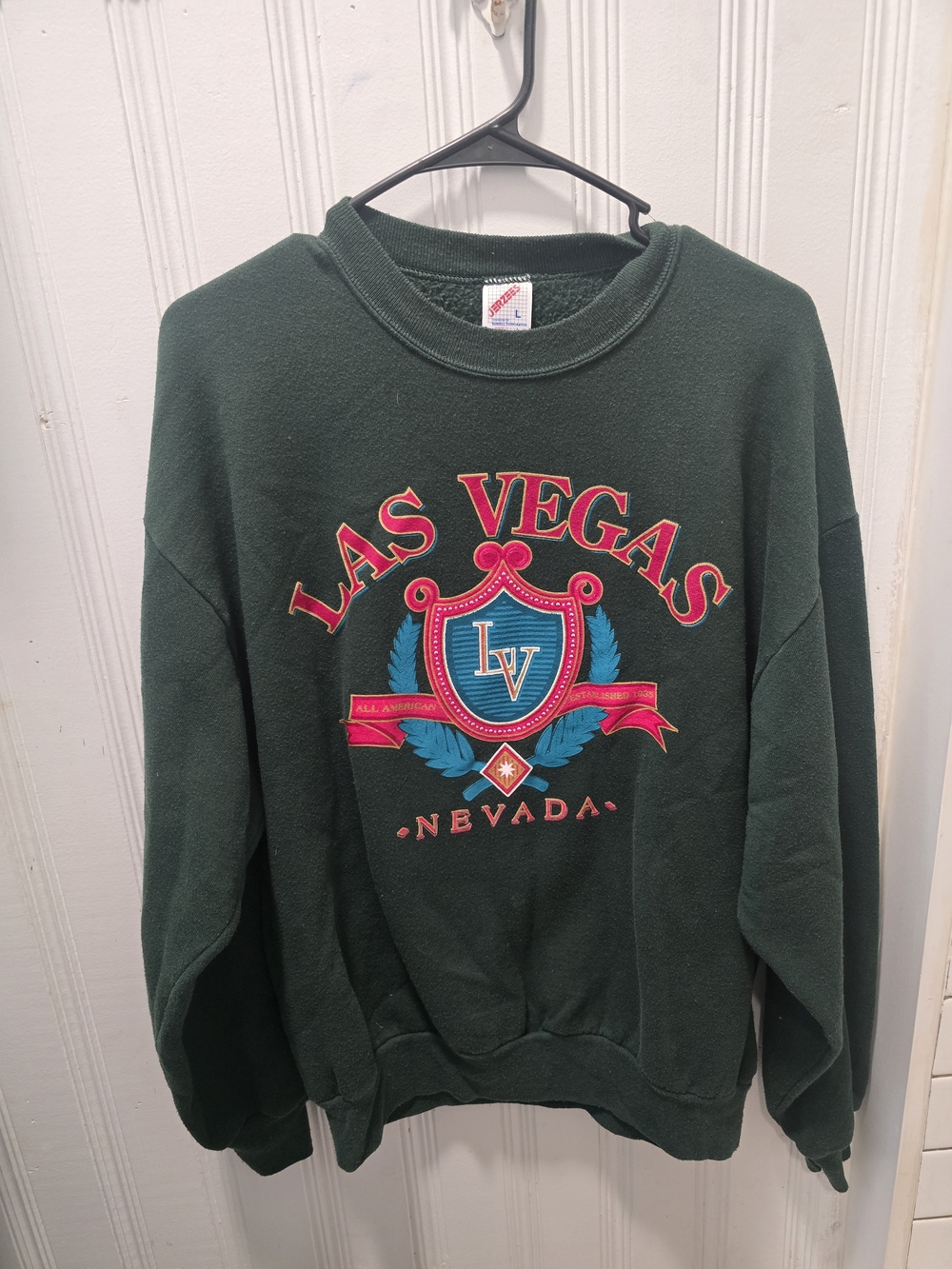 90's Jerzees Las Vegas Nevada Graphic Green Crewneck Pullover Sweatshirt L VTG